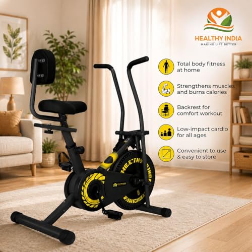 Image of Exercise Bike with Moving Handle and Backrest for Home Cardio Workout Dual Action Stationary Bike Yellow and Black