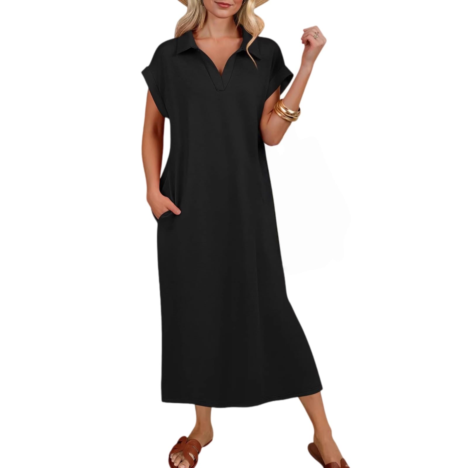 Robe maxi pour femme, col en V, manches courtes, fente latérale, Noir , XL | Robe longue avec col polo, col en V et manches à ailettes, coupe ample, couleur unie, avec fente latérale