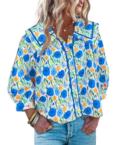 Cicy Bell Womens Floral Button Down Shirts Trendy Casual 3/4 Lantern Sleeve Blouse Square Neck Collared Tops
