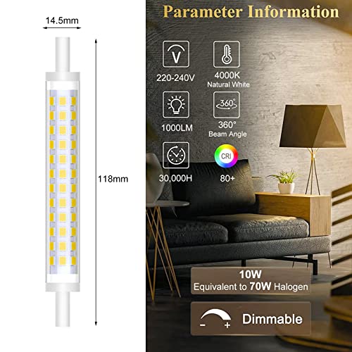 R7S LED 118 mm, ściemnialne żarówki LED 10 W R7S 220-240 V 1000 lm, odpowiednik żarówek halogenowych 100 W J118 R7S, bez migotania (kolor: Naturalny biały 4000K, rozmiar: 118 mm 1 szt.)