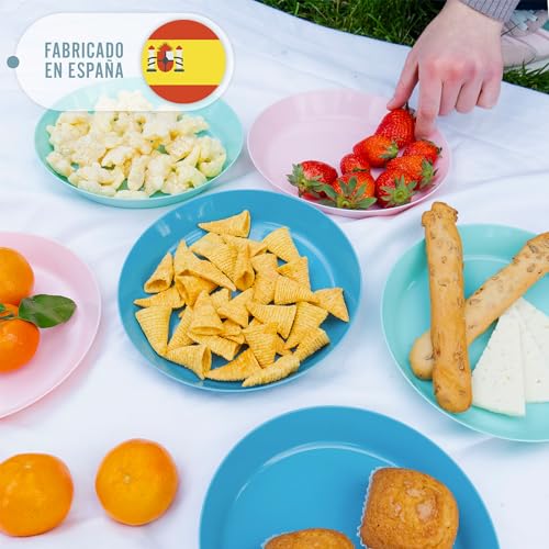 Mypicompany Camping geschirr Set für 6 Personen: 6 Plastikteller Mehrweg+6 Becher Plastik, Spülmaschinen- und Mikrowellenfest, in leuchtenden Farben - Ideal für Garten und Schwimmbad