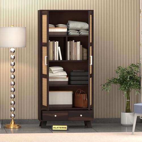 Image of Solid Wood 2 Door Wardrobe with Cane Design | Wooden Almirah with Storage Drawer | Modern Vintage Cupboard for Bedroom & Living Room (Walnut Finish)