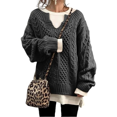 TIAFORD Womens Chunky V Neck Long Sleeve Cable Knit Sweater Casual Loose Fall Winter Sweaters for Women 2024