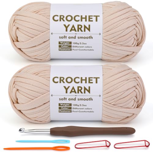 Image of SHWAKK 2 Pack T-Shirt Yarn Set,Beige Crochet Yarn for Knitting & Crocheting