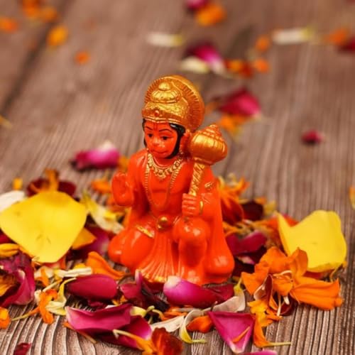 Image of Orange Hanuman Ji Murti Blessing Hanuman Idol Sitting Bajrangbali Balaji Sankat Mochan Bhagwan Statue with Gada for Temple Mandir Car Dashboard Home Decor Resin Hanuman Statue 3.1 Inches