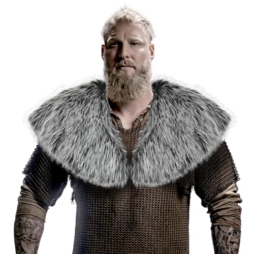 Capaneus Viking Kunstfell Kragen, Wikinger Fell Schal, Mittelalter Umhang Pelz Herren, Wikinger Kostüm Accessoire für Halloween Karneval Cosplay Thema Party