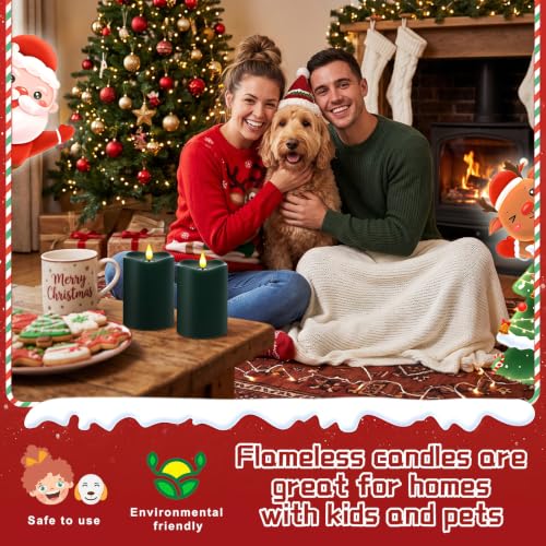 Image of Retisee Flameless LED Candles Real Wax, 2 Pcs, Dark Green, 3 x 4 in | Halloween Flameless Candles, Remote Timer, Realistic 3D Flickering Flame, Wedding, Thanksgiving Day, Christmas Decorations