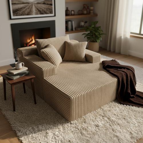 Image of Sytopia Chaise Lounge with Armrests, Oversized Sofa Bed with 3 Pillows, Cozy Couch, Sleeper Reading Chair for Living Room Bedroom, Floor Sofa Corduroy, Furniture Sala, Cashmere Beige