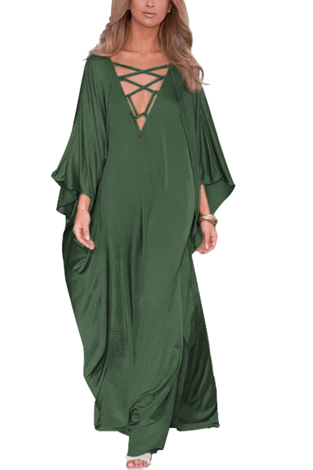 YouKDSummer Floral Loose Caftan Boho Beach Bikini Cover Up Dress Plus Size Robe for Women