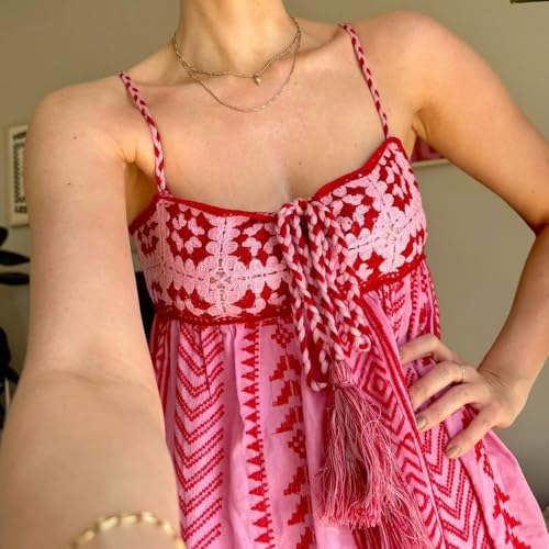Women Boho Maxi Dress Crochet Patchwork Sleeveless Long Flowy Swing Dress Pink Beach Sundresses2