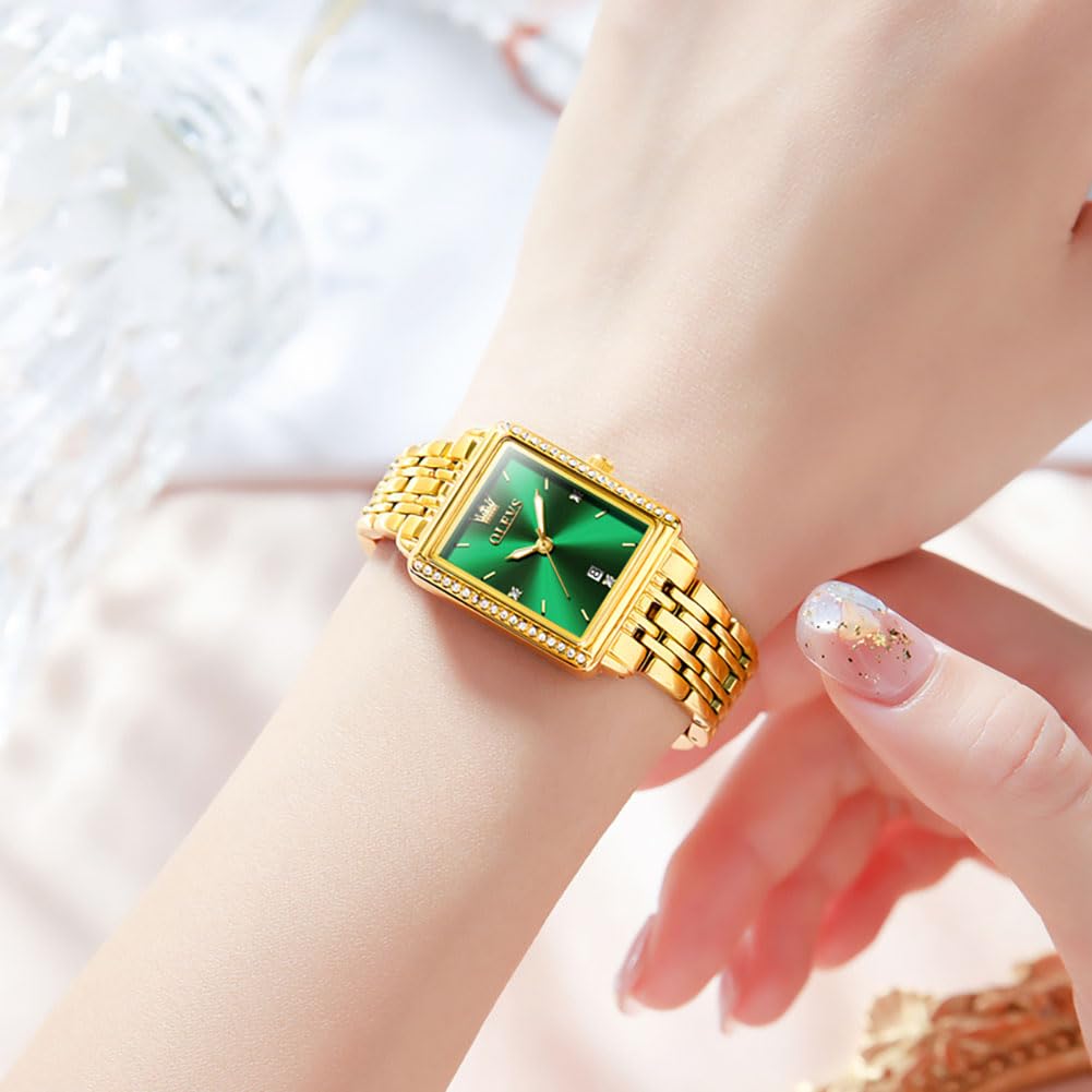 OLEVS Watches for Women Luxury Dianty Green Dial Fashion Diamond Dress Easy Read Waterproof Casual Stianless Steel Analog Quartz Ladies Watches with Date