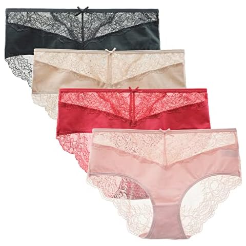 LIQQY Women's 4 Pack Cotton Sexy Stretch Lace Back Coverage Hipster Brief Panty (Large, Black/Nude/Red/Pink) Cover