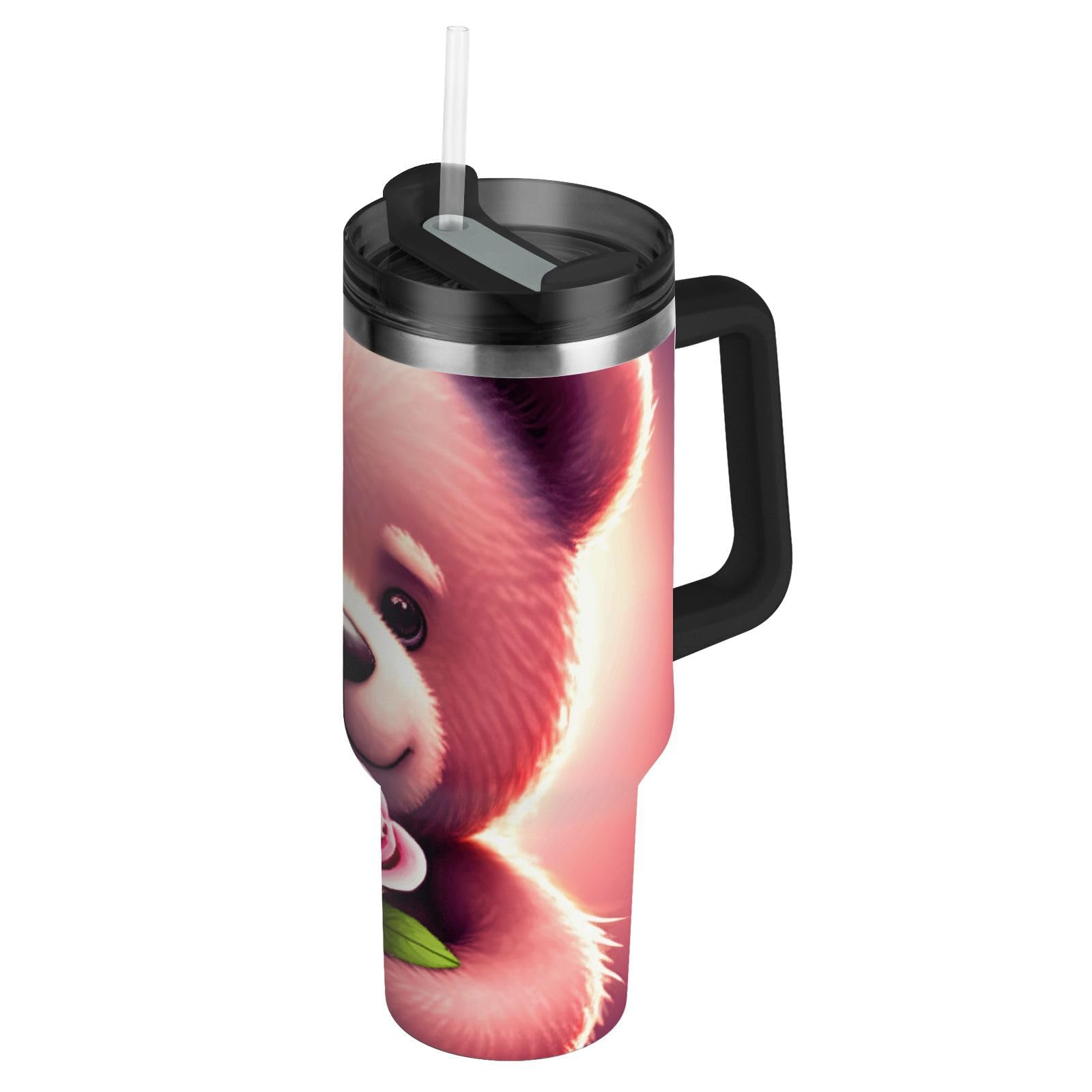 Joisal 40oz Tumbler with Handle Stainless Steel Tumblers with Lid and Straws Pink Insulated Water Bottles Car Coffee Tumbler Cute Teddy Bear Roses