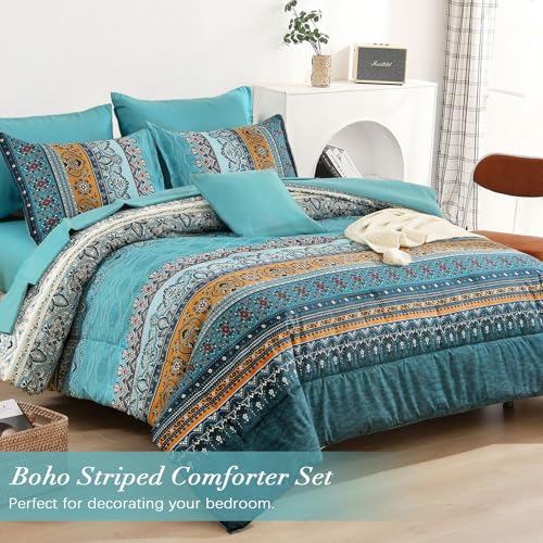 Image of Cottolester Boho Queen Comforter Set 8 Pieces,Teal and Yellow Bohemian Comforter Paisley Striped Bed in A Bag,Soft Microfiber Bedding Set for All Season