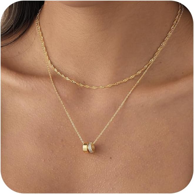 Gold Necklace For Women, Layered 14K Real Gold Plated Necklaces For Women,Dainty Gold Paperclip Chain Tear Circle CZ Pendant Necklace Stack,Trendy Gold Jewelry Set Gifts