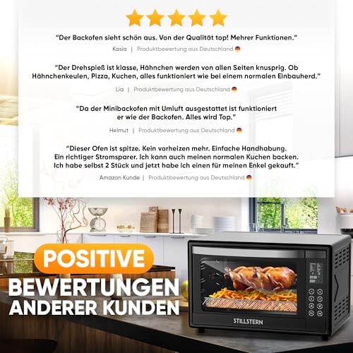 Foto von Stillstern Minibackofen mit Umluft (35L) DE Version, Pizza Ø28cm, NEU: CYCLONE PRO+ (Antihaftbeschichtung), 13 Programme, Auftauen&Warmhalten, 8h Timer, Rezeptheft, Mini Backofen Pizzaofen Grill