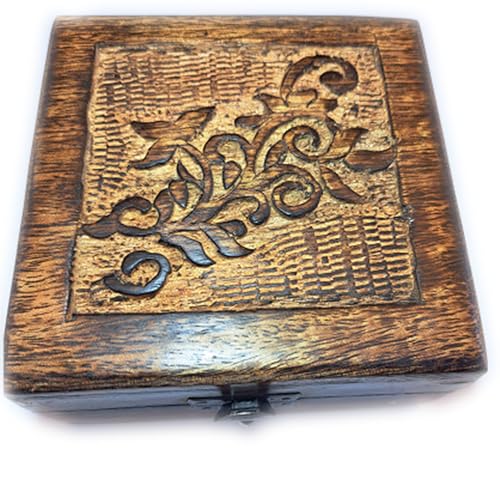 WOODMISTIC Boîte en bois massif 12 x 12 x 6 cm - Artisanale, sculptée, avec charnières et fermeture - Boîte décorative ésotérique pour pendules,...