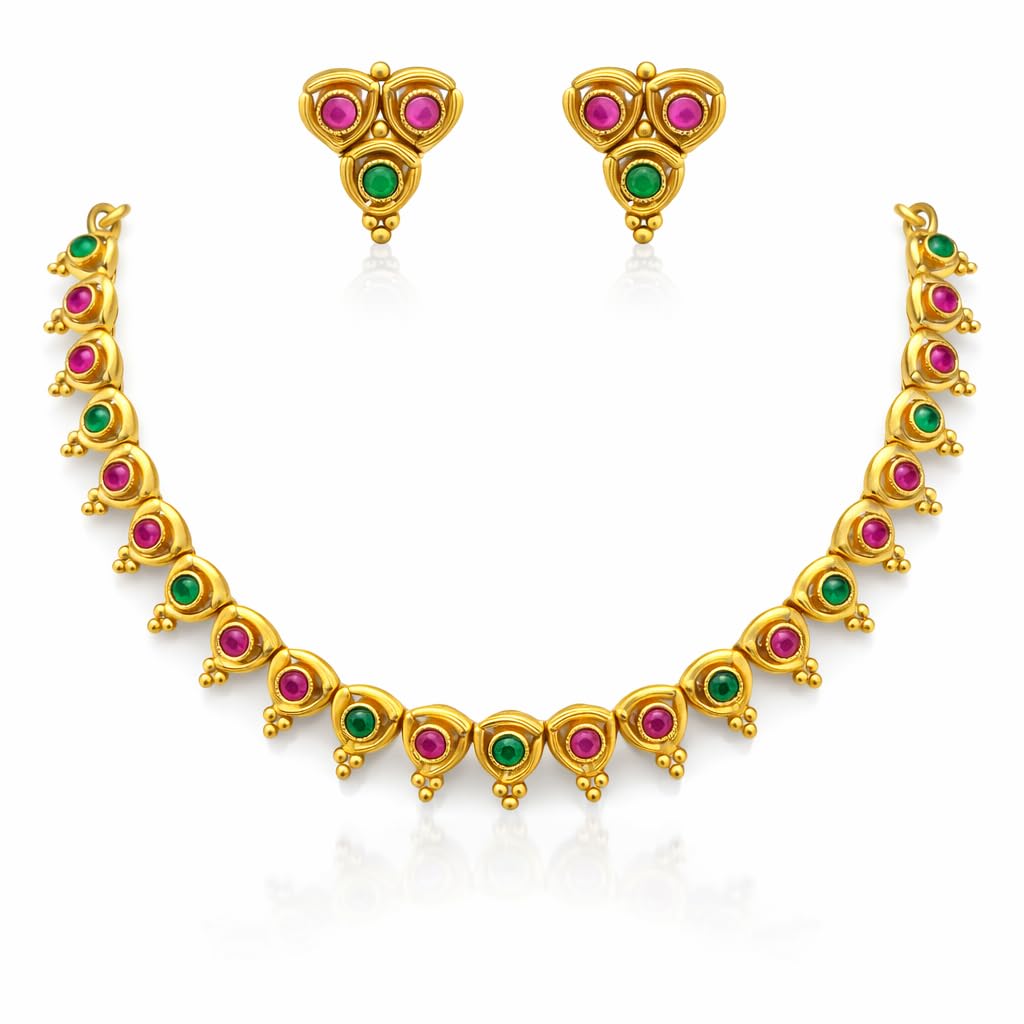 Gold Matte Finish Bridal Necklace & Earrings Set – Festive Special Jewelry (Ruby Red & Green)