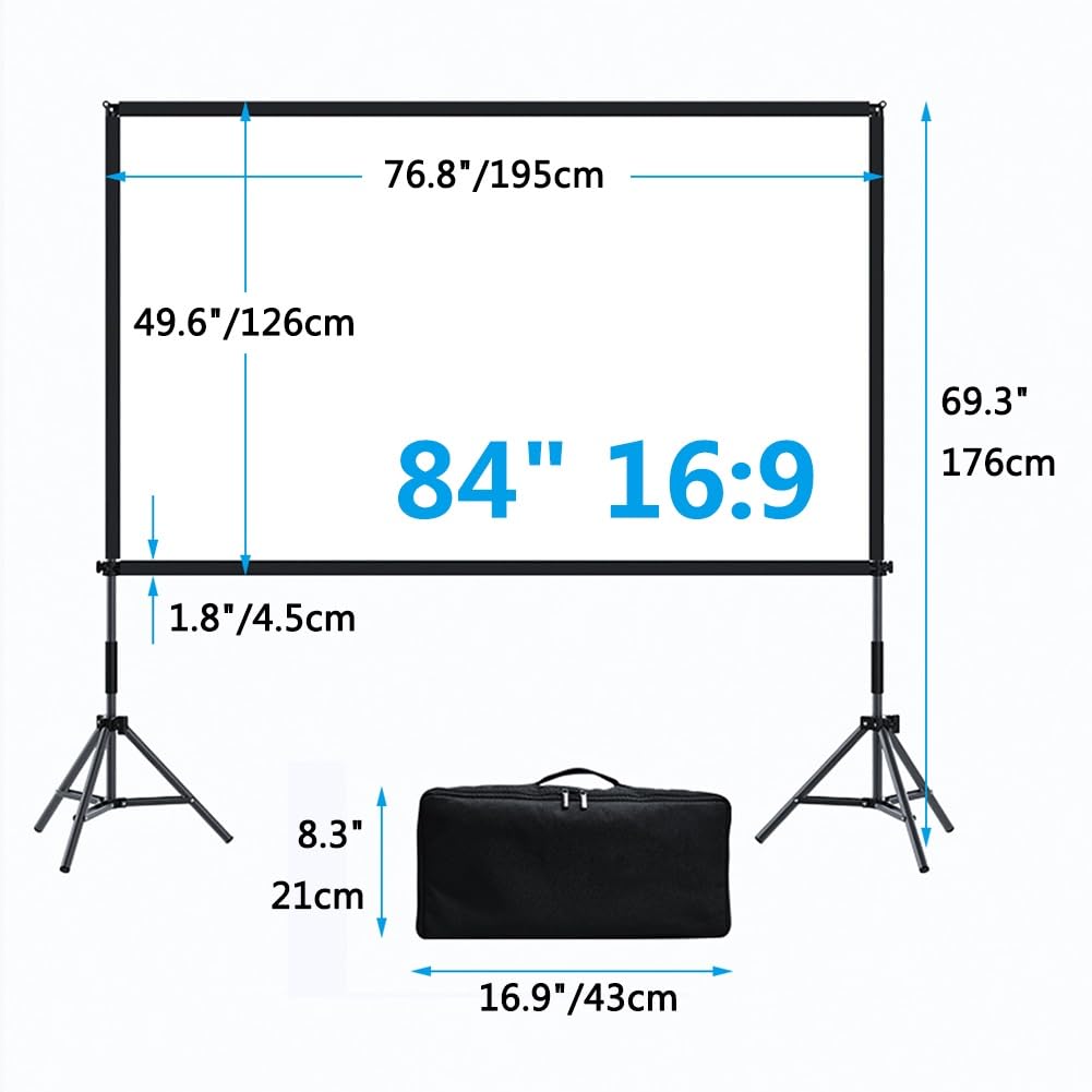 Schermo per Proiettore Portatile Pieghevole da 84" 100" 120" con Treppiede, Schermo per Film da Esterno 16:9 3D 4K HD, Ideale per Serate Cinema(84"(16:9))