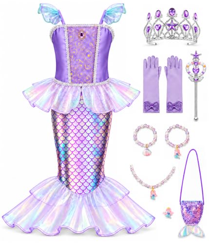 Meland mermaid dress for girls ages 3 to 10 with purple bodice mermaid skirt bag crown gloves wand necklace bracelet ring and earring
