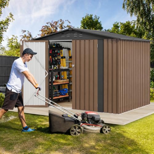 Image of DWVO 7'x5' Large Metal Outdoor Storage Shed, Heavy Duty Tool Storage Sheds for Backyard Patio Lawn - Ideal for Bicycles, Garden Tools, and Lawn Equipment, Easy-to-Assemble, Brown