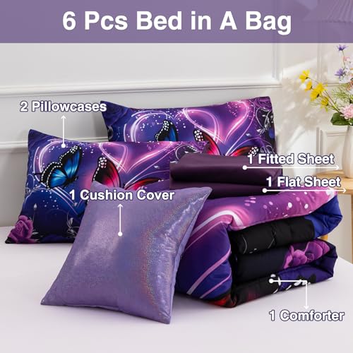Image of A Nice Night Purple Galaxy Butterfly 6pc Bedding Girls Comforter Sets,Queen | 3D Butterflies Printed ,Bed In A Bag With Sheet Sets,Ultra Soft,Machine Washable,For Boys Girls Teen,All Seasons