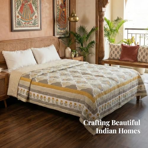 Image of Peepul Tree 100% Cotton Malmal AC Comforter 90x108 Inches, Queen Size Best for Summers Lightweight, Soft, Breathable & Reversible AC Blanket for Double Bed, Ivory & Taupe