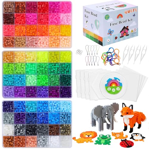 QUEFE Fuse Beads Kit 15000 Pcs 72 Colors 5mm Beads Craft Kit Including Pegboard Melting Beads Ironing Paper Tweezers & Colorful Hooks Christmas Home School Arts and Crafts Supplies for Girls