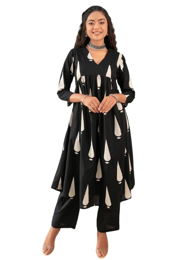 Shienzy Cotton Blend Teardrop Motif Anarkali Women's Kurtas & Kurtis (1612_1654-L_Black_L)