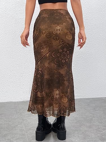 Women's Floral Midi Skirt Boho Mesh High Waisted Bodycon Summer Skirts2