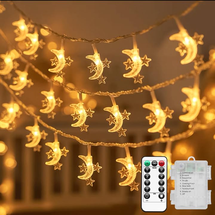 Necomi Ramadan Decoration Lights, 10m/80LED Stars Moon String Lights with Remote Control, 8 Modes Ramadan Light for Garden Wedding Party New Year (Warm White)