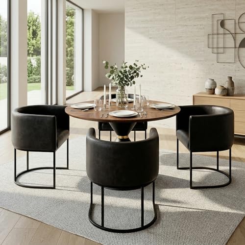 Image of HNY Mid Century Modern Upholstered Barrel Black Dining Chairs with Arms Set of 3, Leather Kitchen & Dining Room Chairs, 18.5 inch Wide Accent Chairs for Dining Room Living Room with Black Metal Frame
