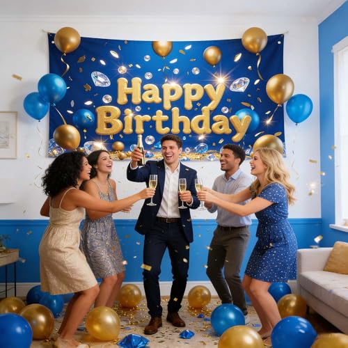 Image of Happy Birthday Backdrop Birthday Party banner | Blue Gold Birthday Banner for Women Boys Girls 71x43.3in Reusable Birthday Background