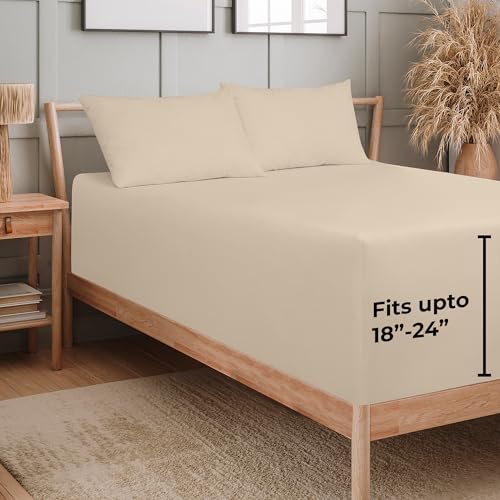 Image of Royale Linens Extra Deep Pocket Twin Fitted Sheet Only - Twin Size Deep Pocket Sand Fitted Sheet - Fits 18 inch to 24 inch Thick Mattress - Soft & Breathable Elastic Sheets (39x75 Inches, Sand)