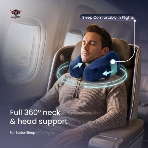 Image of Premium Memory Foam Neck Pillow by ValorX USA for Travelling 360 Neck Support with Ultra-Soft Lightweight Velvet Cover & Free Travel Pouch, Blue