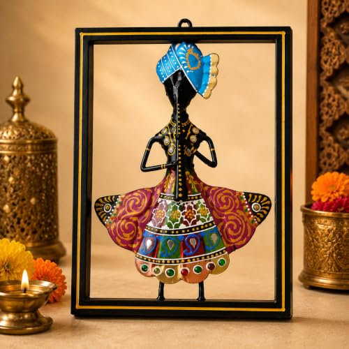 Image of iHandikart Folk Dancer Metal Wall Art for Home Decor, Iron Wall Sculpture with Hand-Painted Traditional Indian Folk Design, Decorative Wall Hanging for Living Room, Bedroom & Office (10.5 x 8 Inch)