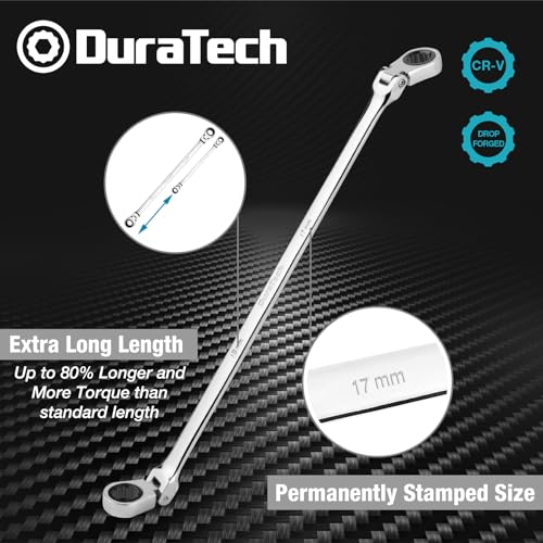 Image of DURATECH 17mm x 19mm Extra Long Flex-Head Ratcheting Wrench, Metric | CR-V Steel