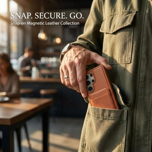 Image of amazon basics Premium Vegan Leather Back Cover with Card Holder and Integrated Mobile Stand for Samsung Galaxy S25 Ultra 5G - Slim Shockproof Wallet Case with Geometric Stitching [Tan]