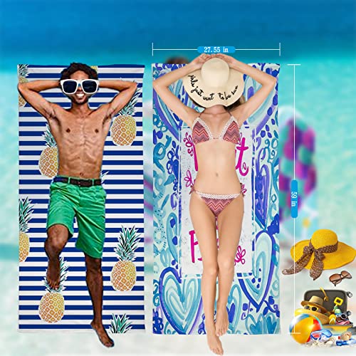 Liomind 2 Pack Pineapples Love Hearts Beach Towel Oversized Super Absorbent Sand Free Thick Microfiber Beach Towel Quick Dry 28”X60” #TOP2
