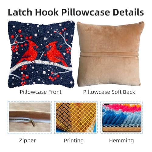 Image of DIY Latch Hook Pillow Kits for Adults Merry Christmas Red Cardinal Birds Pillow Cover Printed Pillowcase Crochet Yarns Hooking Handmade Cushion for Home Sofa Decoration 17x17inch(25)