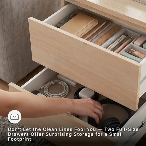Image of Signature Design by Ashley Onita Two Drawer Nightstand, Minimalist Hardwareless Wood Look, Compact Bedroom Storage, Natural Beige, 20 Inch