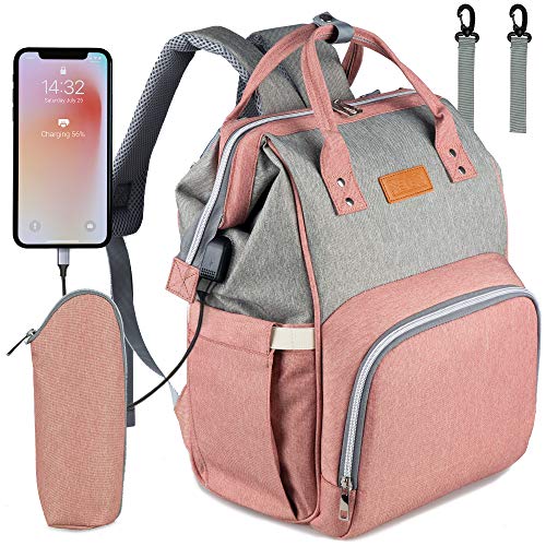 NEVEQ Mochilas de Pañales para Bebé, Maternal Bolso Multifuncional con USB de Viaje, Gran Capacidad, Impermeable (Gris y rosa)
