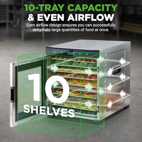 Image of NutriChef Electric Countertop Food Dehydrator-900-Watt Premium Multi-Tier: Save Time v. 600W. Make Jerky, Dried Fruit /Veggies, Dog Treats, Yogurt, 10 Stainless Steel Trays, Digital Timer, Temp Control
