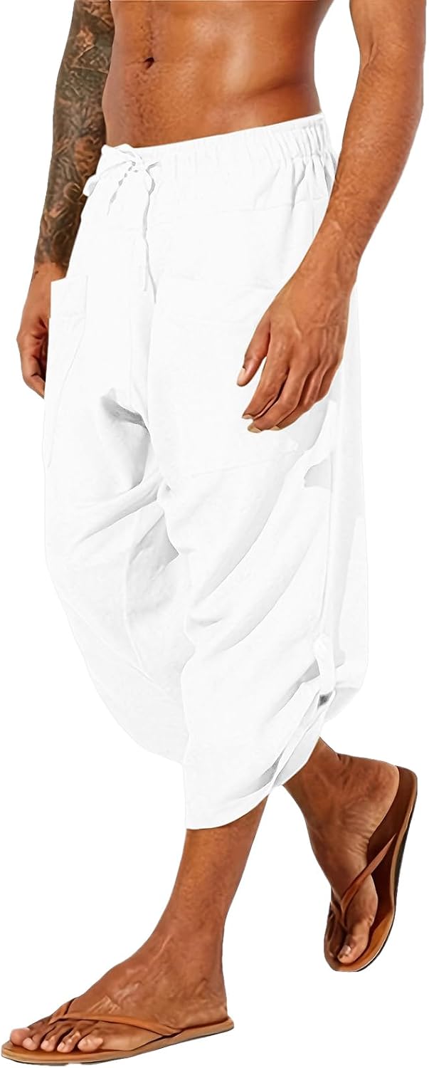 Cicilin Men's Cotton Linen Pants Drawstring Loose Casual Boho Yoga Pants Beach Trousers