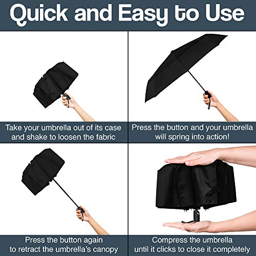Rainplus Black Windproof Travel Umbrella - Compact, Automatic, Folding And Portable - Umbrellas For Rain For Men And Women - Car, Backpack, Purse, Strong & Wind Resistant #TOP4