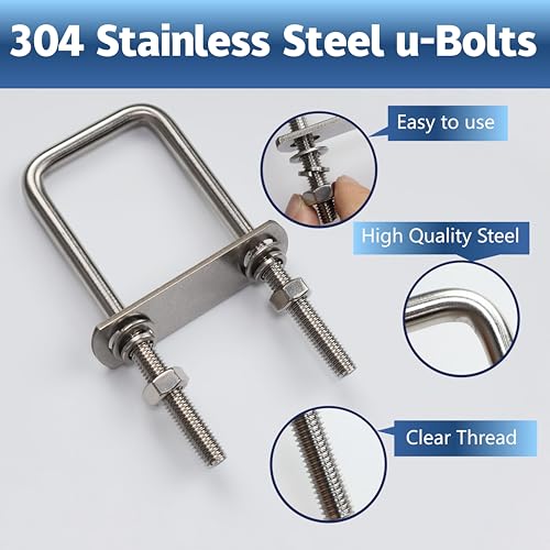 Image of 4 Pcs M10 Square U Bolts 2 Inch Wide, 3 /8 inch x 2 inchW x 5-1 /8 inchL | 304 Stainless U Bolt Heavy Duty with Nuts,Bolt Plate and Washers,Square U Bolts 2 inch Wide,Metric bolts