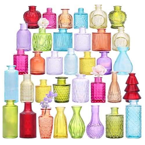 36 Pack Colorful Glass Bud Vase Set Small Colored Vintage Vases for Centerpieces Decorative Flower Vases for Wedding Home Table Decor