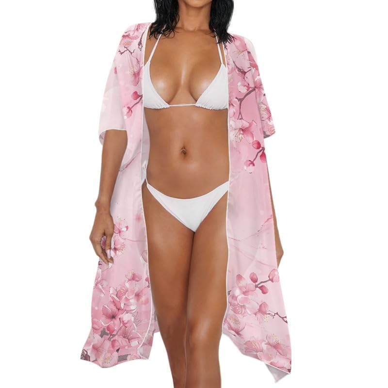 Irisjudy Women Kimono Cardigans Cover Up Beach Wear, Flowers Summer Coverups Short Sleeve Beach Swimsuit Coverups Split Hem2
