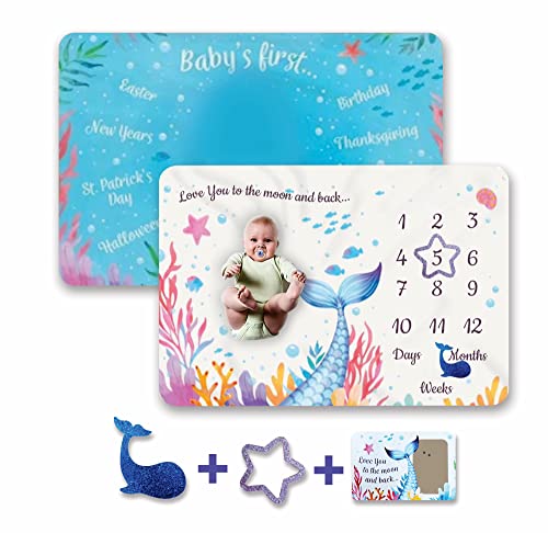 Image of Mermaid Baby Milestone Blanket, Double Sided; Baby Monthly Milestone Blanket Photo Growth for 12 Days to Months, Blanket Gift, Soft Blanket with Free Photo Frame, Size 50” x 40”