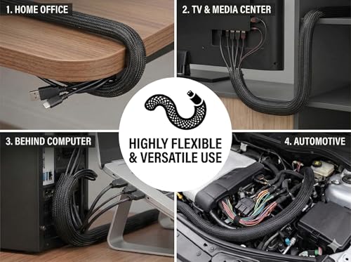 1/4 pulgada manga dividida para cables - protector de cables de 6.5 pies para gestión de cables a prueba de mascotas, envoltura de cable flexible negra para hogar, oficina, computadora, TV y electrónica automotriz miniatura 4